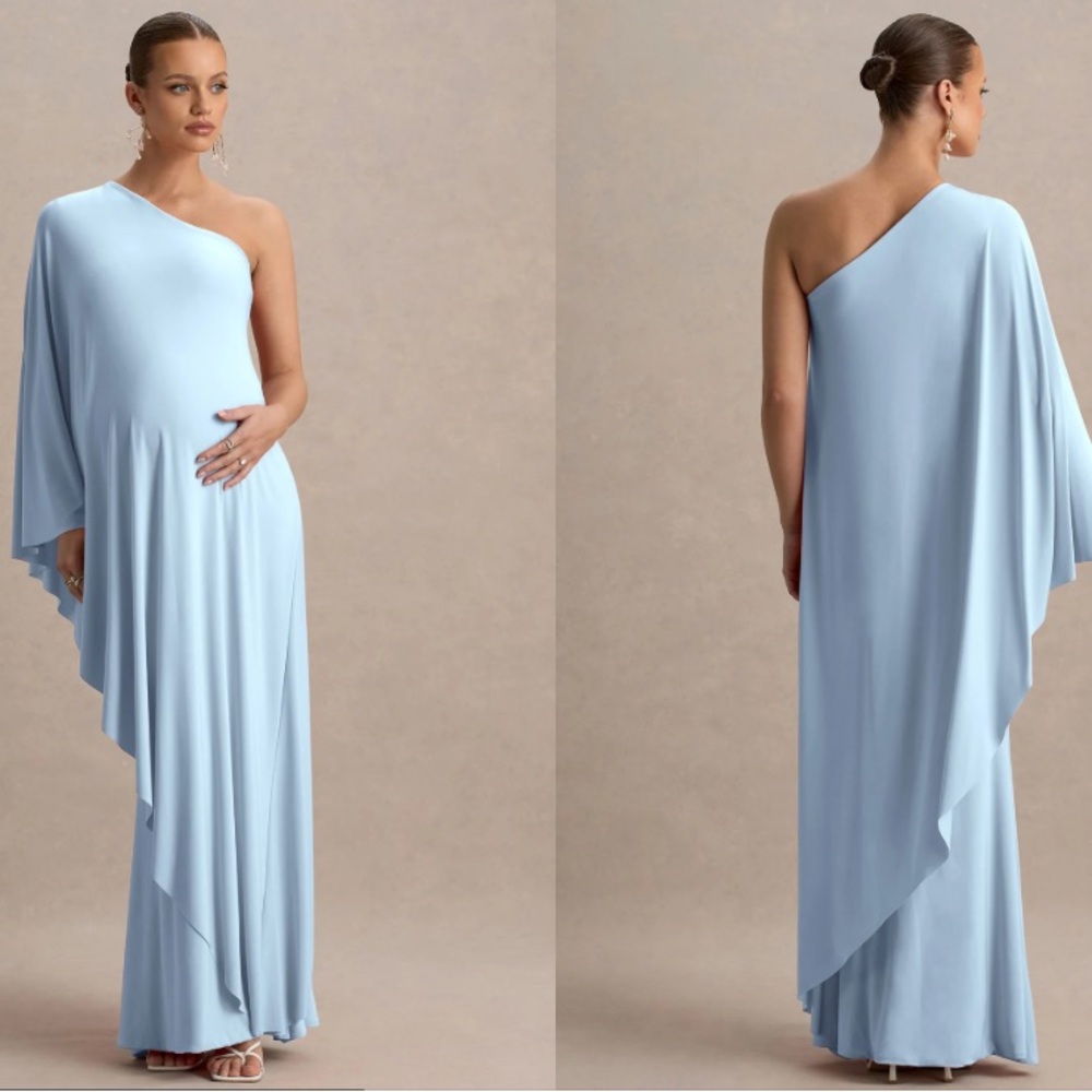 NWT - baby blue asymmetric maxi dress with one-sleeve cape - size 6